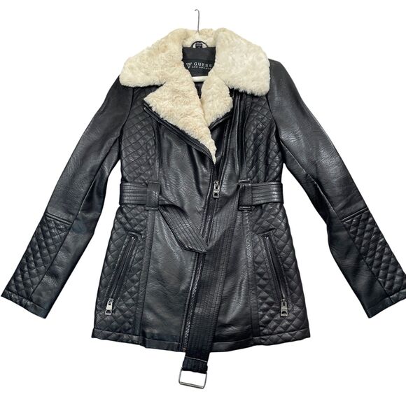 Guess Black XS Polyurethane Insulated Coat Belted Pockets Faux Fur‎ Collar WARM - Picture 1 of 8